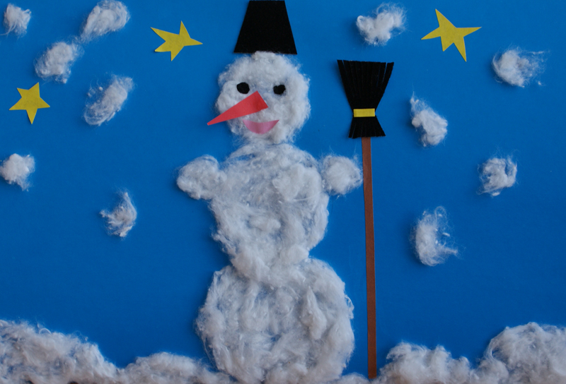  Jolly snowman. Materials: coloured paper, glue, cotton wool.
