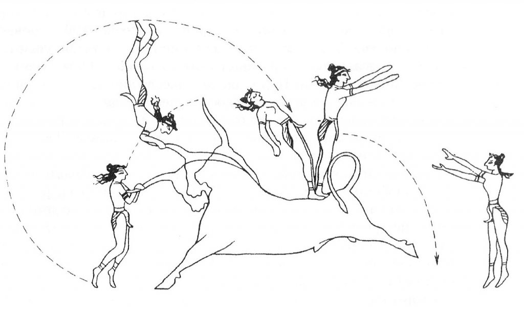 Несколько фаз акробатической игры с быком, изображенной на настенной росписи в Кносе (ІІ тысячелетие до н.э.). Источник: учебник «Всеобщая история физической культуры и спорта»