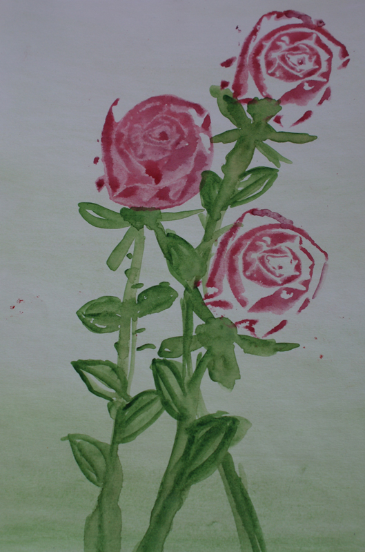  Favourite roses. Pressing technique. Materials: paper, colours, fabric stamp.