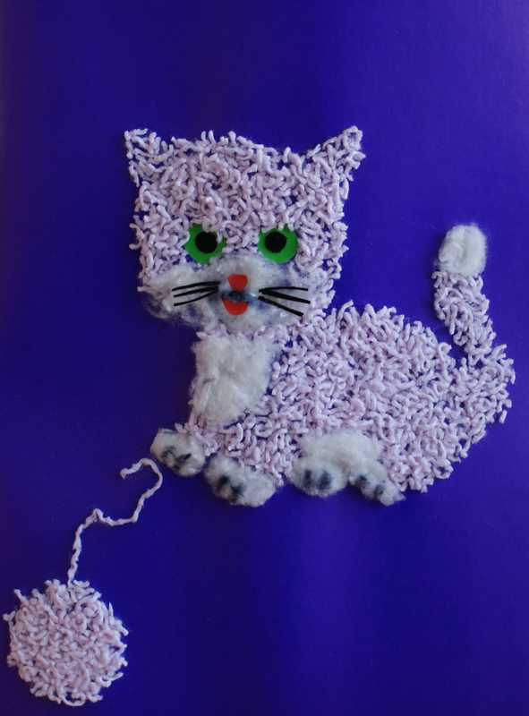  Fluffy cat Vasia. Materials: coloured paper, glue, threads.